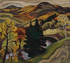 a painting of trees and hills in the background