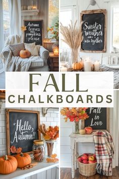 a collage of photos with pumpkins and fall chalkboards on the wall in different rooms