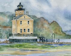 a watercolor painting of a lighthouse on the shore