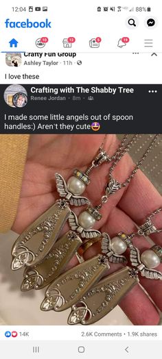 someone is holding three necklaces in their hand and the caption reads, i love them with the shabby tree made some little angels out of spoon handles aren't