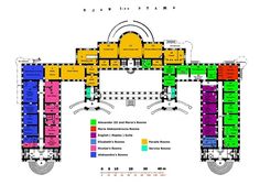 the floor plan for an office building with multiple floors and different colored sections on it