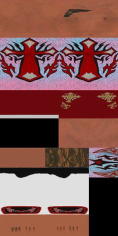 four different images with red and black designs on them