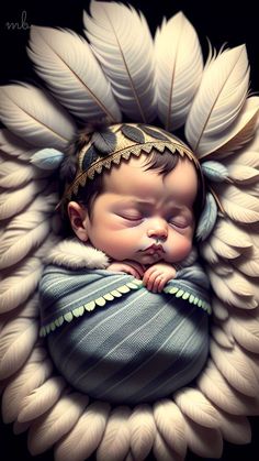 a painting of a baby wrapped in feathers