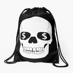 a black and white skull drawsack bag with dollar signs on the front, sitting in front of a white background