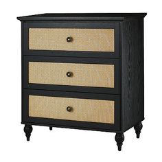 an image of a black and gold chest of drawers with wicker inserts on each drawer