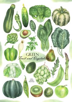 an illustration of green fruits and vegetables on a white background with the words,'green fruit and veggies '