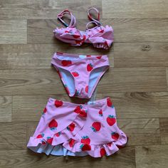 Shein Bathing Suit Set (Top, Bottoms And Skirt/Coverup) Nwot Size 6-9m Strawberry Print Polyester/Spandex Playful Beach Sets With Ruffles, Playful Ruffled Beach Sets, Playful Ruffled Beach Set, Cute Pink Strawberry Print Sets, Playful Stretchable Summer Sets, Playful Stretch Summer Sets, Cute Printed Fitted Sets, Red Stretch Beachwear Sets, Red Stretch Beach Sets