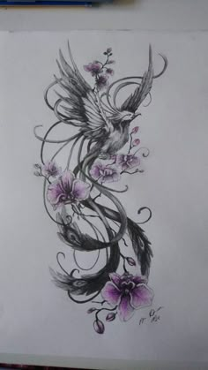 a drawing of a bird with flowers on it