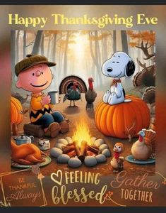 snoop and his dog are sitting on pumpkins in front of a campfire with the words happy thanksgiving eve