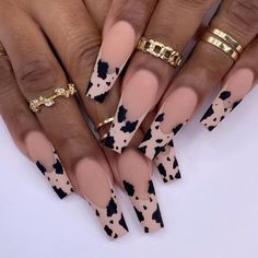 French Leopard Pattern False Nails Long Coffin Reusable Press On Nails With Glue Nail Art Bleu, Cow Nails, Nagel Tips, Blue Nail Art, Manicure Diy, Hari Valentine, Fake Nails With Glue, Ballerina Nails, Diy Nail Art