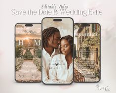 three cell phones with the words save the date and wedding eve on them, in front of