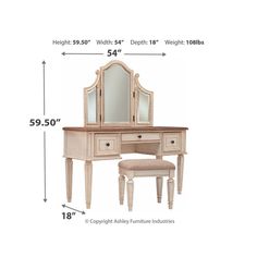 an image of a vanity and stool with measurements for the furniture in this set up