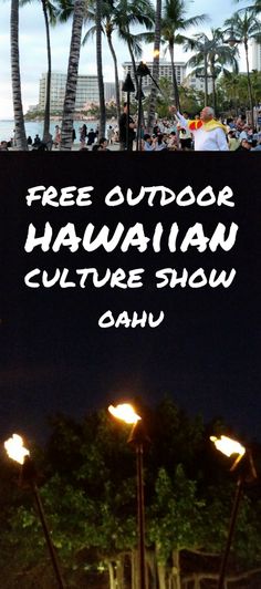 a sign that says free evening hawaiian culture show in front of palm trees at night