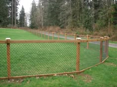 a fence that is in the middle of some grass with trees and road behind it