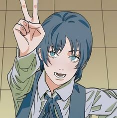 an anime character making the peace sign with his hand and wearing a tie, in front of a tiled floor