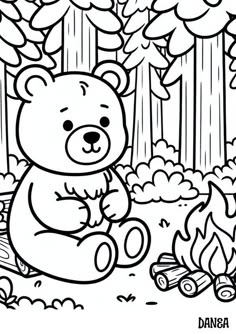 a teddy bear sitting in the woods with fire