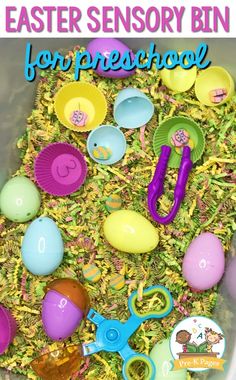 an easter activity bin filled with plastic eggs, scissors and other items to play in