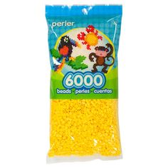 perler beading beads in yellow plastic bag with white background and blue package on top