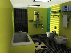 a bathroom with green walls and black tile flooring