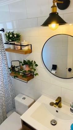 a bathroom with a toilet, sink and mirror