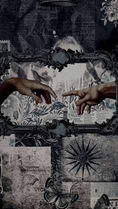 two hands reaching for each other in front of an ornate frame with pictures on it