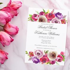 $1.90 | Elegant Fuchsia Pink Floral Garden Bridal Shower | Bridal Shower Invitations | spring bridal shower, fuchsia pink floral, elegant, bright watercolor flowers, romantic roses, garden tea party, feminine, chic, ladies brunch, purple rose Bright Pink Roses, Garden Bridal Shower Invitations, Ladies Brunch, Brunch And Bubbly, Garden Bridal Showers, Chic Bridal Showers, Spring Bridal Shower, Vibrant Watercolor, Tea Party Garden