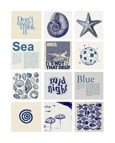 several different types of sea related items are arranged in a grid pattern, including starfish, seashells, and umbrellas