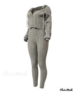 Olivia Mark - Cable Knit Hooded Zip Front Top and Pants Set Casual Knit Sets For Winter, Fitted Gray Sets For Winter, Fitted Gray Winter Sets, Fitted Knit Casual Sets, Cozy Fitted Sets For Winter, Cozy Fitted Winter Sets, Fitted Hooded Sets For Fall, Top And Pants Set, Olivia Mark