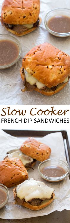 two pictures show how to make slow cooker french dip sandwiches with cheese and sauces