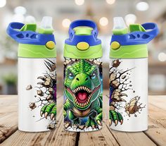 two children's sippy bottles with an image of a dinosaur on the side