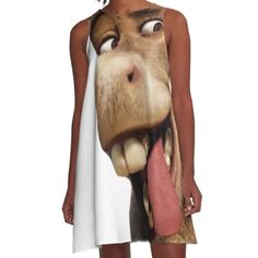 a women's dress with an image of a dog sticking its tongue out to the side