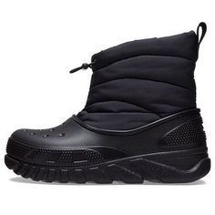 Crocs Duet Max Boots 'Black' 208773-001 Black Boots With Rubber Sole For Outdoor, Black Insulated High-top Waterproof Boots, Insulated Black Boots For Outdoor Activities, Black Winter Boots For Streetwear, Black Boots For Winter Streetwear, Black Rubber-sole Waterproof Boots For Winter, High-top Black Boots With Padded Ankle, Black High-top Boots With Padded Ankle, Black Insulated Waterproof Boots For Walking