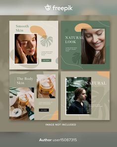 the beauty products are on display in this postcard design templates set, which includes photos and text