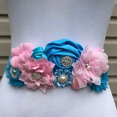 New Pink And Blue Flower Gender Reveal Maternity Bridal Sash Belt Pink And Blue Flowers With Rhinestone Embellishments Light Blue Ribbon Tie Sash Belt For Wedding, Gender Reveal, Shower, Flower Girl, Bride, Mother To Be, Maternity New Without Tags Light Blue Ribbon, Bridal Sash Belt, Wide Leather Belt, Handmade Belts, Pink And Blue Flowers, White Belt, Sash Belts, Braids With Weave, Bridal Sash