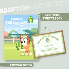 a certificate is shown with an image of a dog and turtle in the background that says adopt a turtleboy