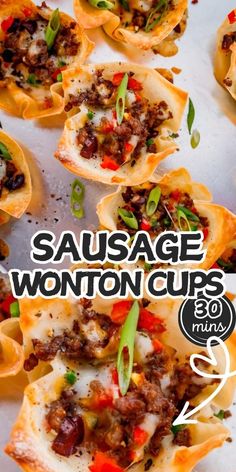 sausage wonton cups are shown on a baking sheet with the title in the middle