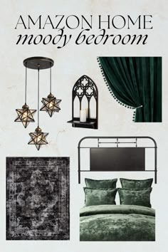 an advertisement for a bed room with green and black decor on the wall above it