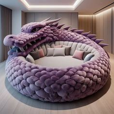 a large purple dragon bed in the middle of a room