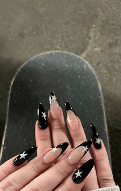 #nails #blacknails #blackfrenchtis #starnails #acrylicnaildesigns #almondnails Black Acrylic Nails With Stars, Black And White Stars Nails, Gel Nail Designs Grunge, Alt Nails Almond, Simple Black Design Nails, Nail Inspo Trendy Black, Alt Almond Nails, Black Nails With Bow Charm, Alt Nail Inspo Almond