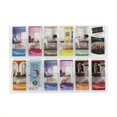 an assortment of different colored cards with pictures on them, all in clear plastic cases