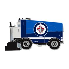 a blue and white truck with the canadian maple leaf on it's front end