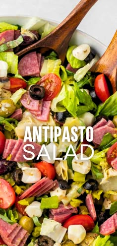 A close up view of a bowl of antipasto salad with a wooden spoon sticking out the side. Gnocchi Antipasto Salad, Best Antipasto Salad Recipe, Antipasto Salads, Antipasto Salad Dressing, Antipasti Salad, Fruit Salad For Breakfast, Simple Italian Salad, Salami Salad, Italian Antipasto Salad