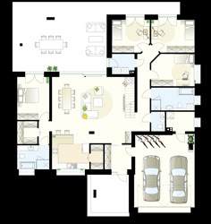 the floor plan of a house with two cars parked in it and an open living area