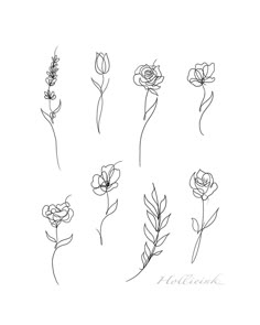 six different types of flowers drawn in black and white