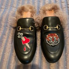 Worn 1x Beautiful Gucci Princeton Mink Slides W/Heart & Tiger Jeweled Motifs -1 On Each Foot. Gold Horse Bits Original Box & Shoe Covers Included Italian Size 39 1/2 = 9 1/2 Us Current Mules W/O The Embellishments & Only The Horsebits R Selling In Stores For 1,200 Currently. Gucci Mule, Mule Slides, Gold Horse, Horse Bits, Shoe Covers, Gucci Mules, Gucci Shoes, Mule, Flat Shoes Women