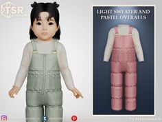 the doll is wearing pink and green overalls