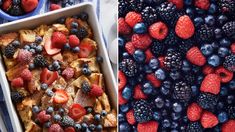 two pictures one with french toast, the other with berries and blueberries in it