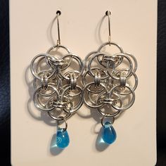 Silver Chainmail With Blue Tear Drops Earrings Silver Metal Jewelry With Chainmail, Chainmail Patterns Earrings, Chainmail Jewelry Earrings, Adjustable Black Chainmail Jewelry, Medieval Silver Chainmail Jewelry, Chain Mail, Luck Of The Irish, Teardrop Earrings, Blue And Silver