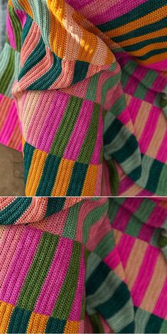 two pictures of colorful knitted blankets on top of each other in different colors and sizes