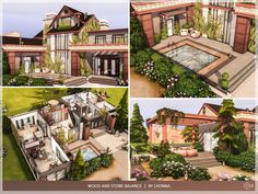 four different views of a house with landscaping